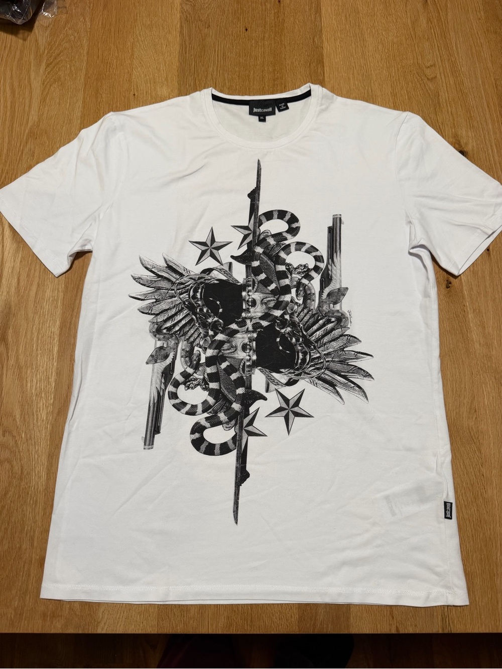 Just Cavalli White Short Sleeve Graphic Tee with Black Print